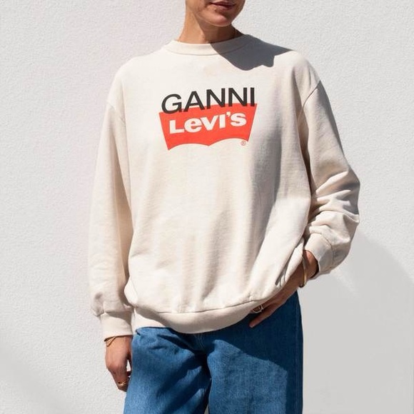 ▪️NWT GANNI✖️LEVI'S Logo-print French cotton-blend terry sweatshirt - Picture 3 of 12